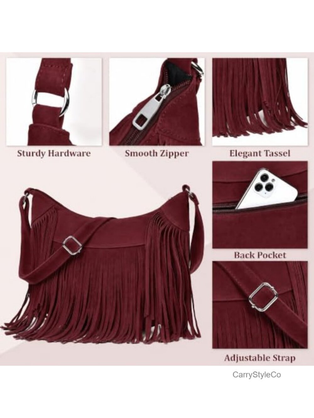 Fringe Hobo Bag Vegan Suede Crossbody Shoulder Purse Western - Picture 3 of 6